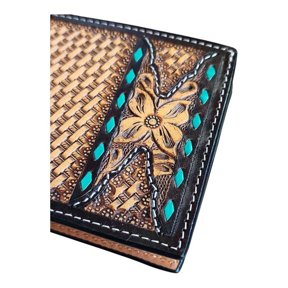 Twisted X XH829B Tooled Leather Bifold Wallet Green Buck Stitch Basket Floral - Picture 6 of 7